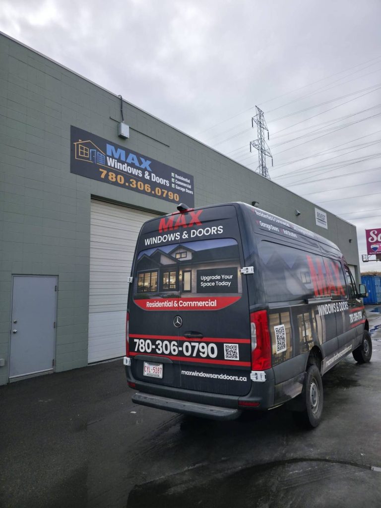 Max Windows & Doors service van outside the Edmonton shop