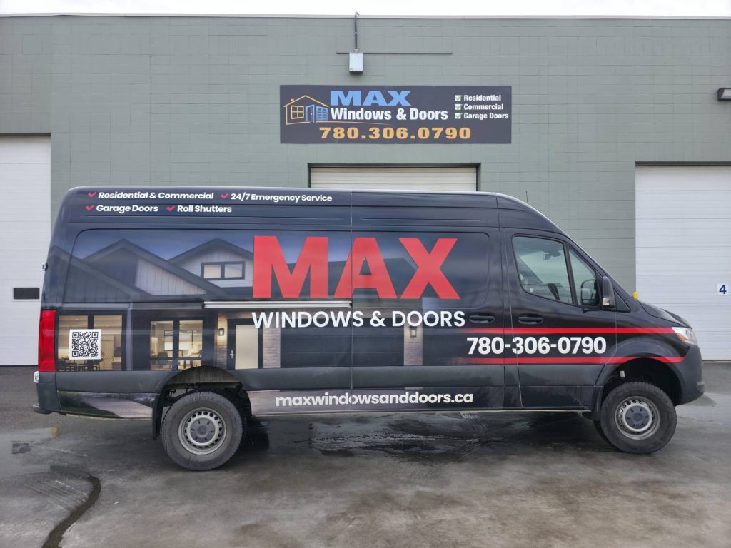 Max Windows & Doors wrapped service van parked outside the Edmonton shop
