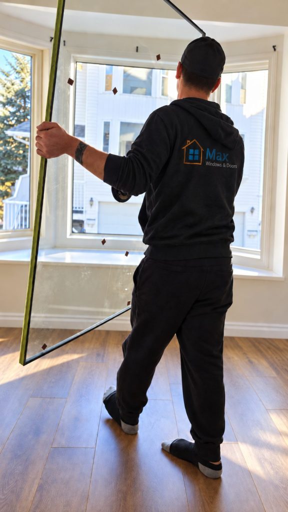 Max installer fitting a new glass unit into a bay window